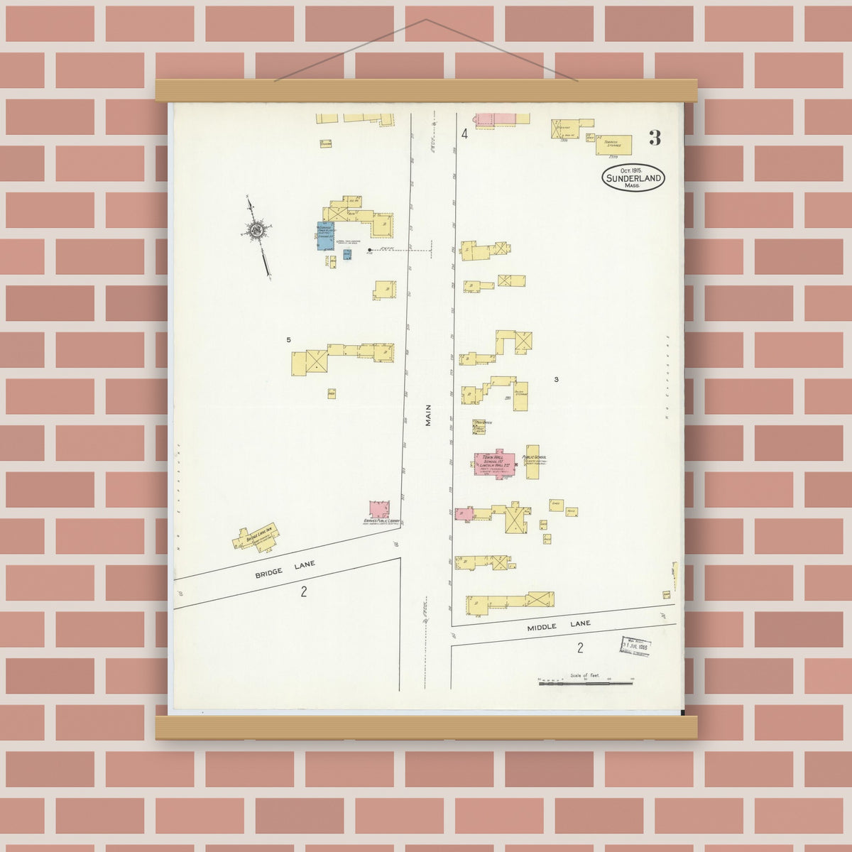 Old map wall art mockup — magnetic wood frame on brick wall — Sanborn Fire Insurance Map from Sunderland, Franklin County, Massachusetts (1915), Sheet #0003