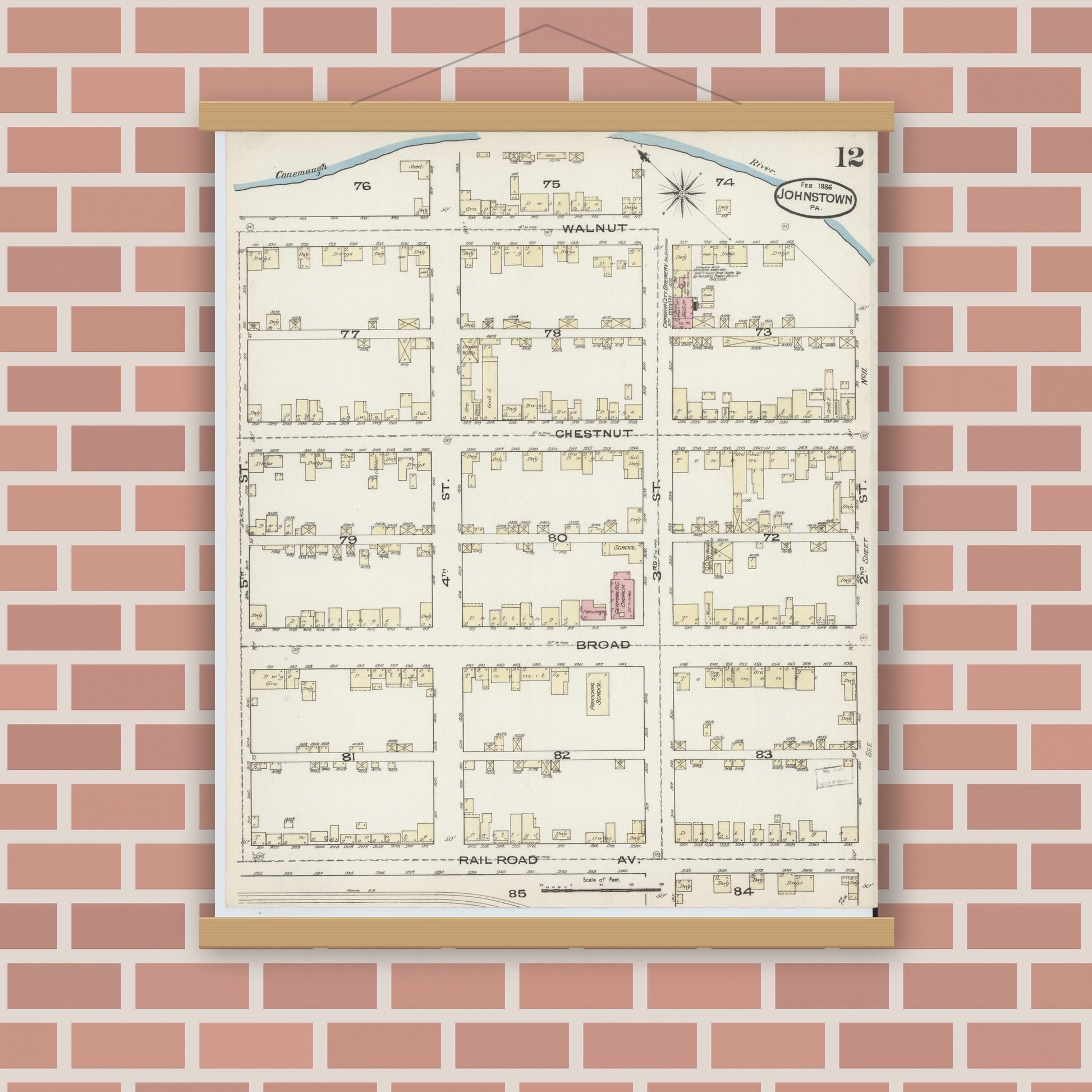Old map wall art mockup — magnetic wood frame on brick wall — Sanborn Fire Insurance Map from Johnstown, Cambria County, Pennsylvania (1886), Sheet #0012