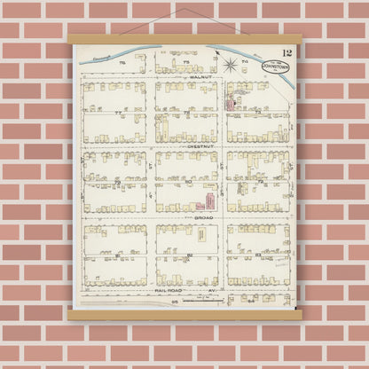 Old map wall art mockup — magnetic wood frame on brick wall — Sanborn Fire Insurance Map from Johnstown, Cambria County, Pennsylvania (1886), Sheet #0012