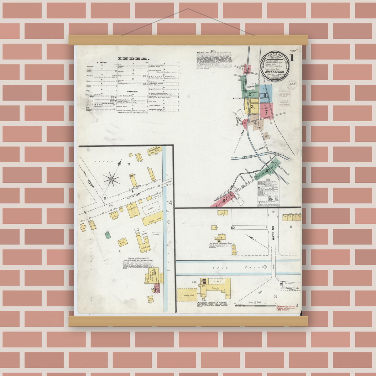 Old map wall art mockup — magnetic wood frame on brick wall — Sanborn Fire Insurance Map from Whitesboro, Oneida County, New York (1899) - Complete Map Set