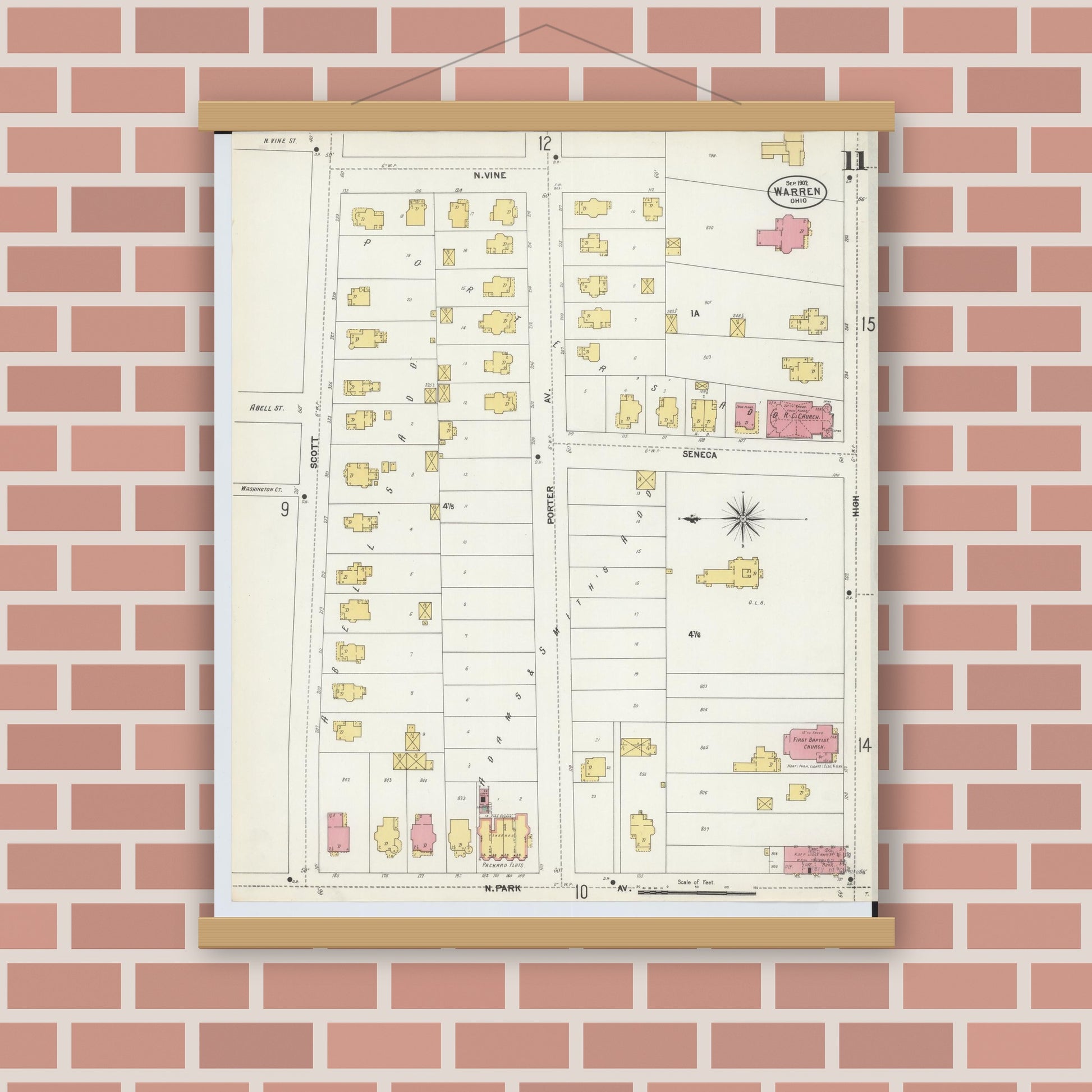 Old map wall art mockup — magnetic wood frame on brick wall — Sanborn Fire Insurance Map from Warren, Trumbull County, Ohio (1902), Sheet #0011