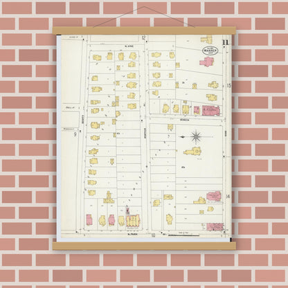 Old map wall art mockup — magnetic wood frame on brick wall — Sanborn Fire Insurance Map from Warren, Trumbull County, Ohio (1902), Sheet #0011