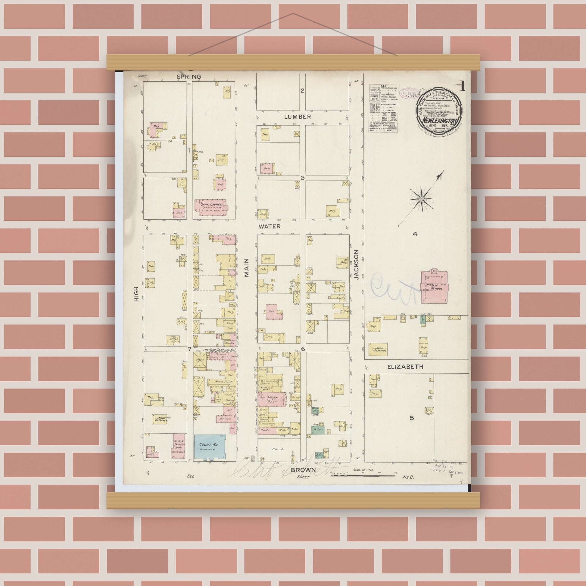 Old map wall art mockup — magnetic wood frame on brick wall — Sanborn Fire Insurance Map from New Lexington, Perry County, Ohio (1887), Sheet #0001
