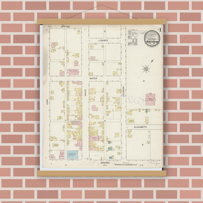 Old map wall art mockup — magnetic wood frame on brick wall — Sanborn Fire Insurance Map from New Lexington, Perry County, Ohio (1887), Sheet #0001
