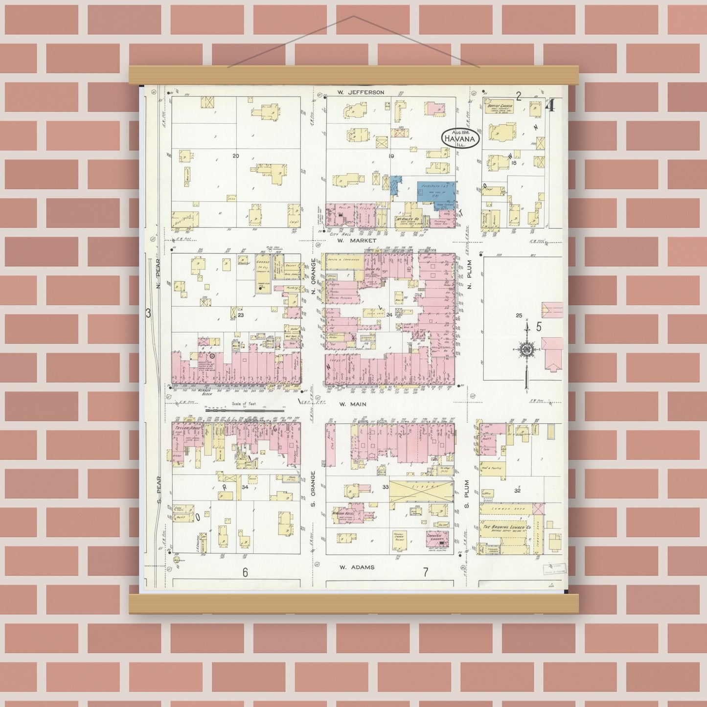 Old map wall art mockup — magnetic wood frame on brick wall — Sanborn Fire Insurance Map from Havana, Mason County, Illinois (1914), Sheet #0004