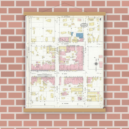 Old map wall art mockup — magnetic wood frame on brick wall — Sanborn Fire Insurance Map from Havana, Mason County, Illinois (1914), Sheet #0004