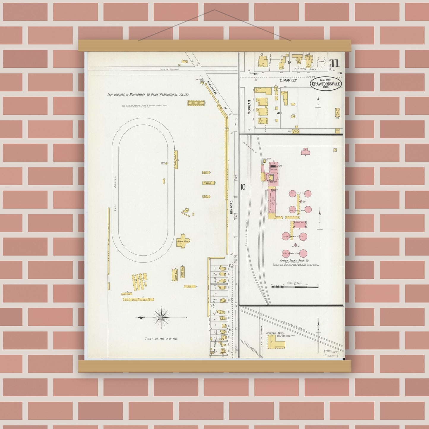 Old map wall art mockup — magnetic wood frame on brick wall — Sanborn Fire Insurance Map from Crawfordsville, Montgomery County, Indiana (1902), Sheet #0011