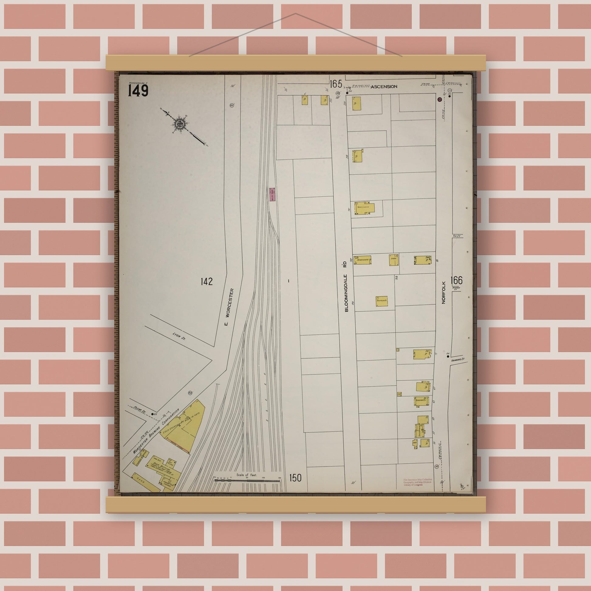Old map wall art mockup — magnetic wood frame on brick wall — Sanborn Fire Insurance Map from Worcester, Worcester County, Massachusetts (1910), Sheet #0149