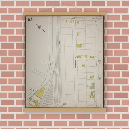Old map wall art mockup — magnetic wood frame on brick wall — Sanborn Fire Insurance Map from Worcester, Worcester County, Massachusetts (1910), Sheet #0149