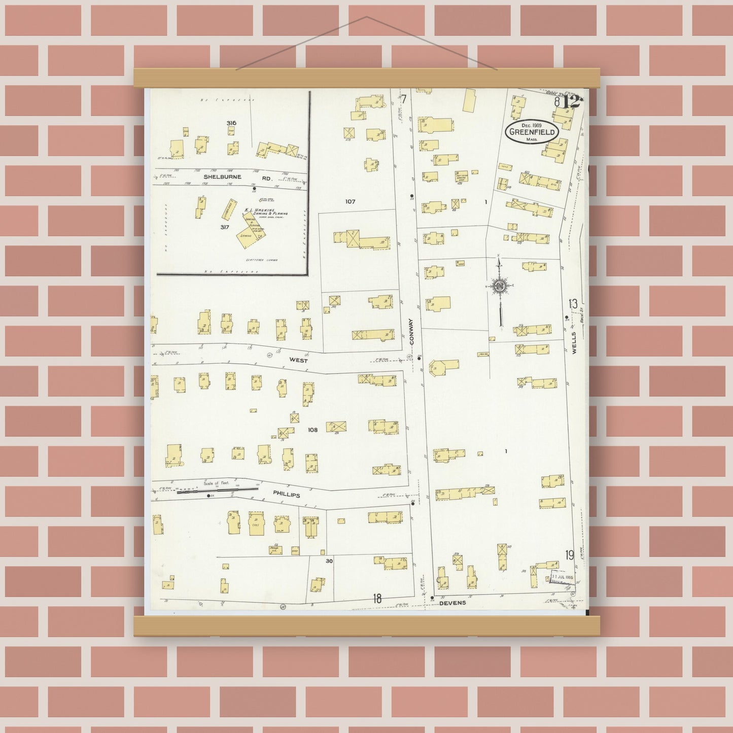 Old map wall art mockup — magnetic wood frame on brick wall — Sanborn Fire Insurance Map from Greenfield, Franklin County, Massachusetts (1909), Sheet #0012