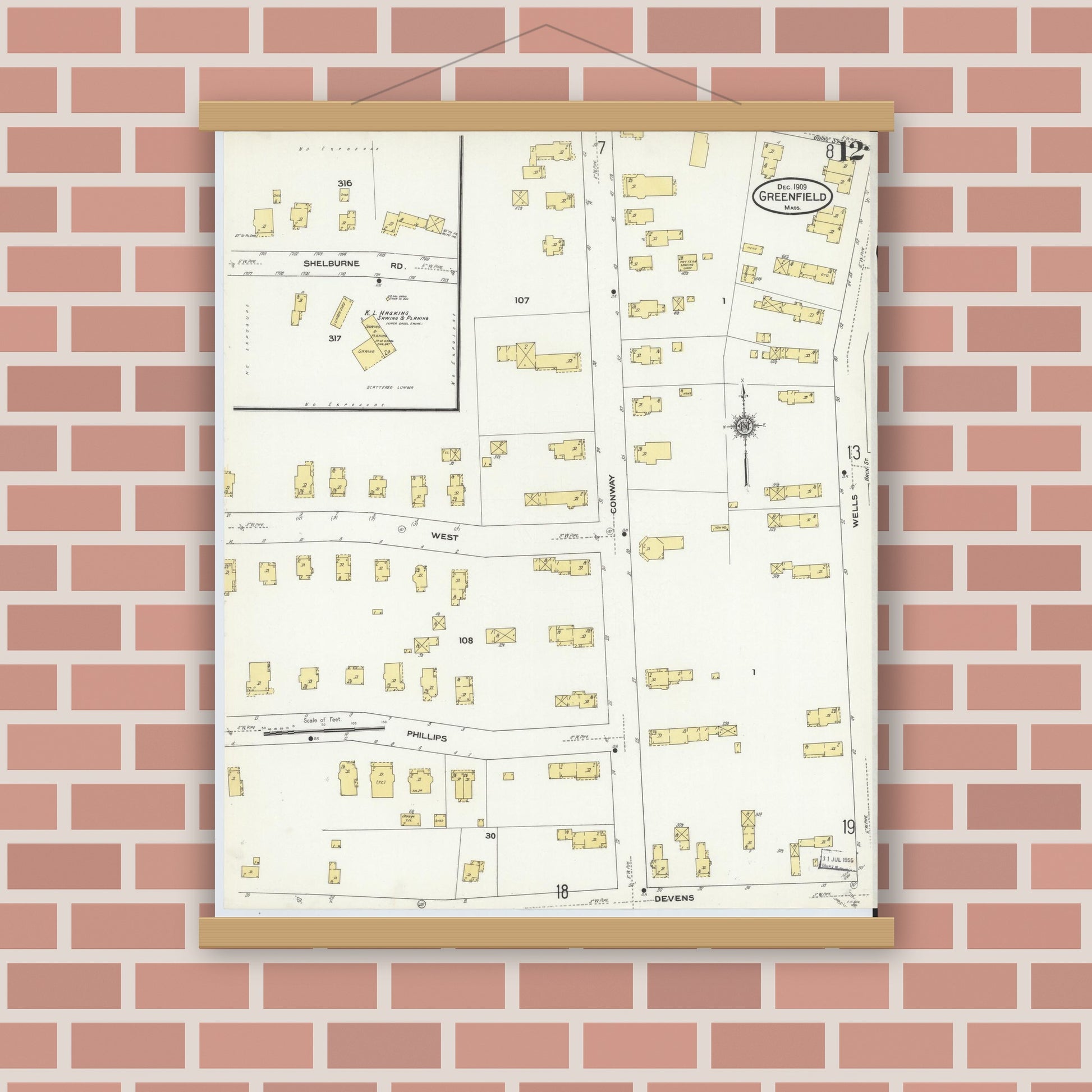 Old map wall art mockup — magnetic wood frame on brick wall — Sanborn Fire Insurance Map from Greenfield, Franklin County, Massachusetts (1909), Sheet #0012