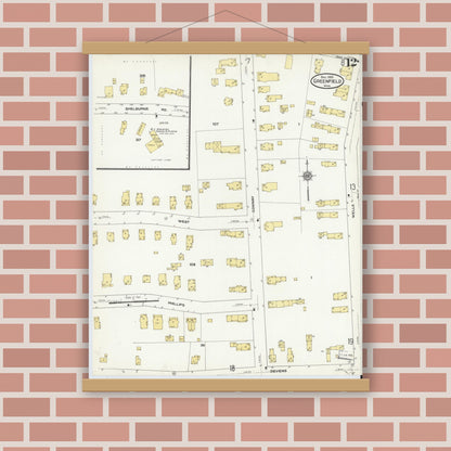 Old map wall art mockup — magnetic wood frame on brick wall — Sanborn Fire Insurance Map from Greenfield, Franklin County, Massachusetts (1909), Sheet #0012