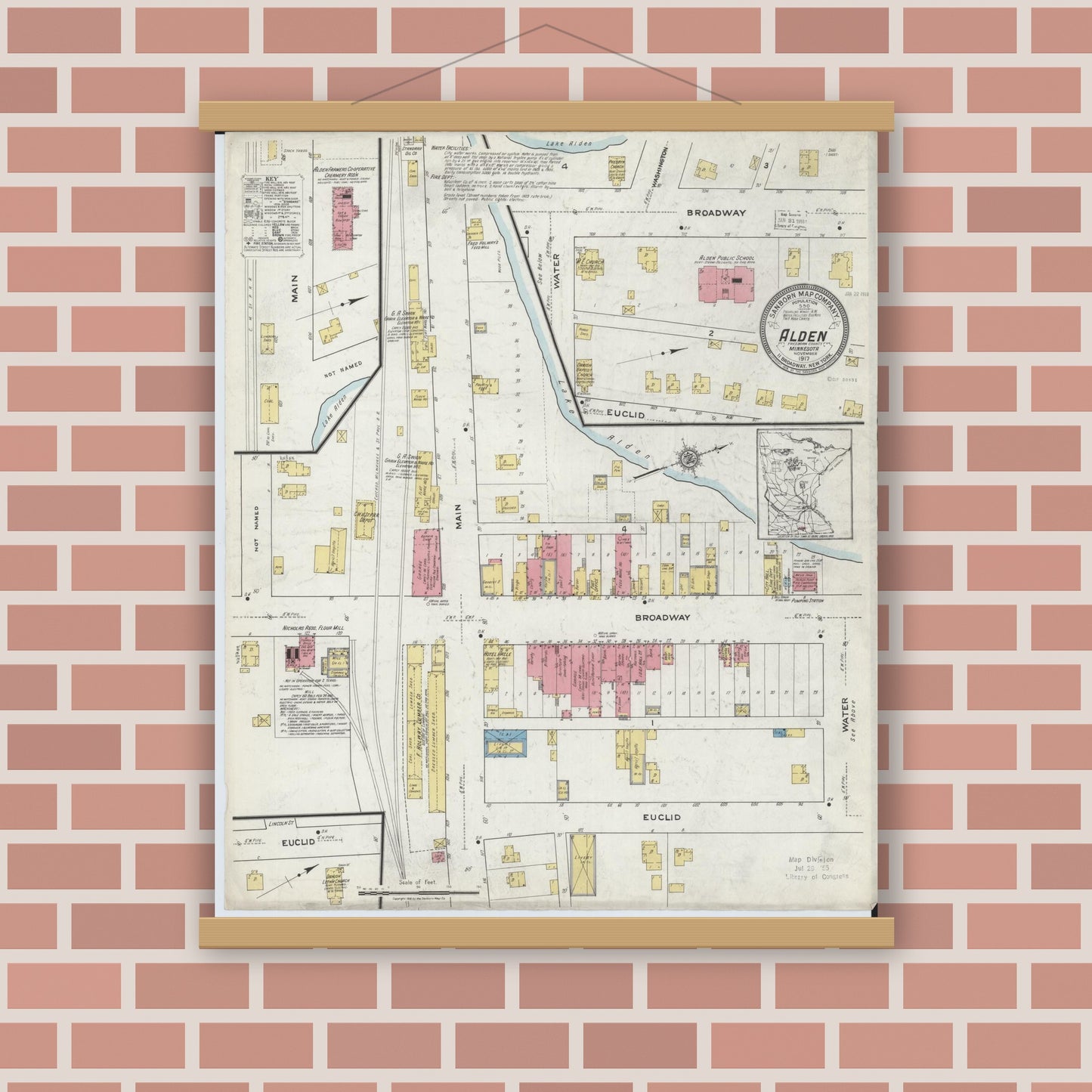 Old map wall art mockup — magnetic wood frame on brick wall — Sanborn Fire Insurance Map from Alden, Freeborn County, Minnesota (1917), Sheet #0001