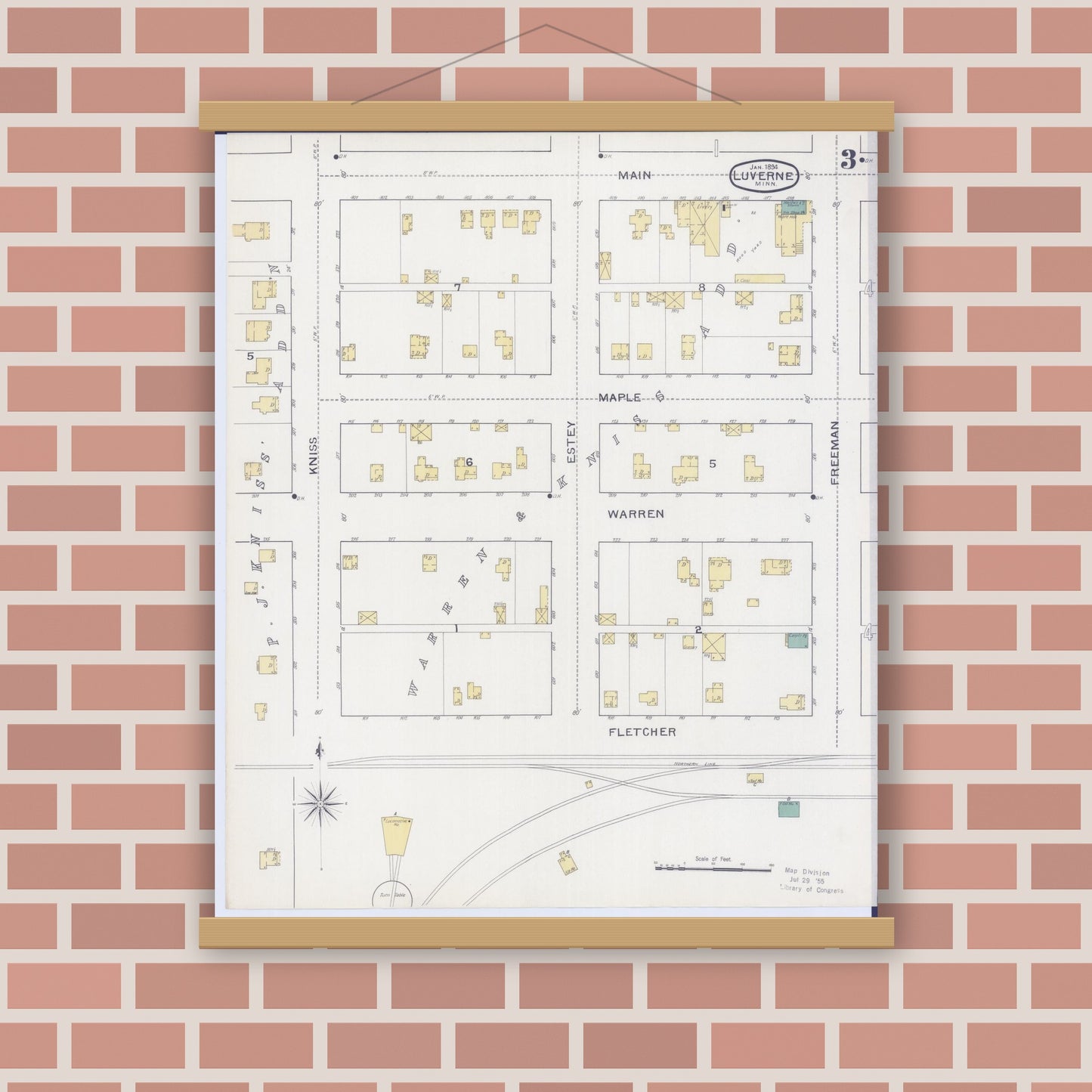 Old map wall art mockup — magnetic wood frame on brick wall — Sanborn Fire Insurance Map from Luverne, Rock County, Minnesota (1894), Sheet #0003