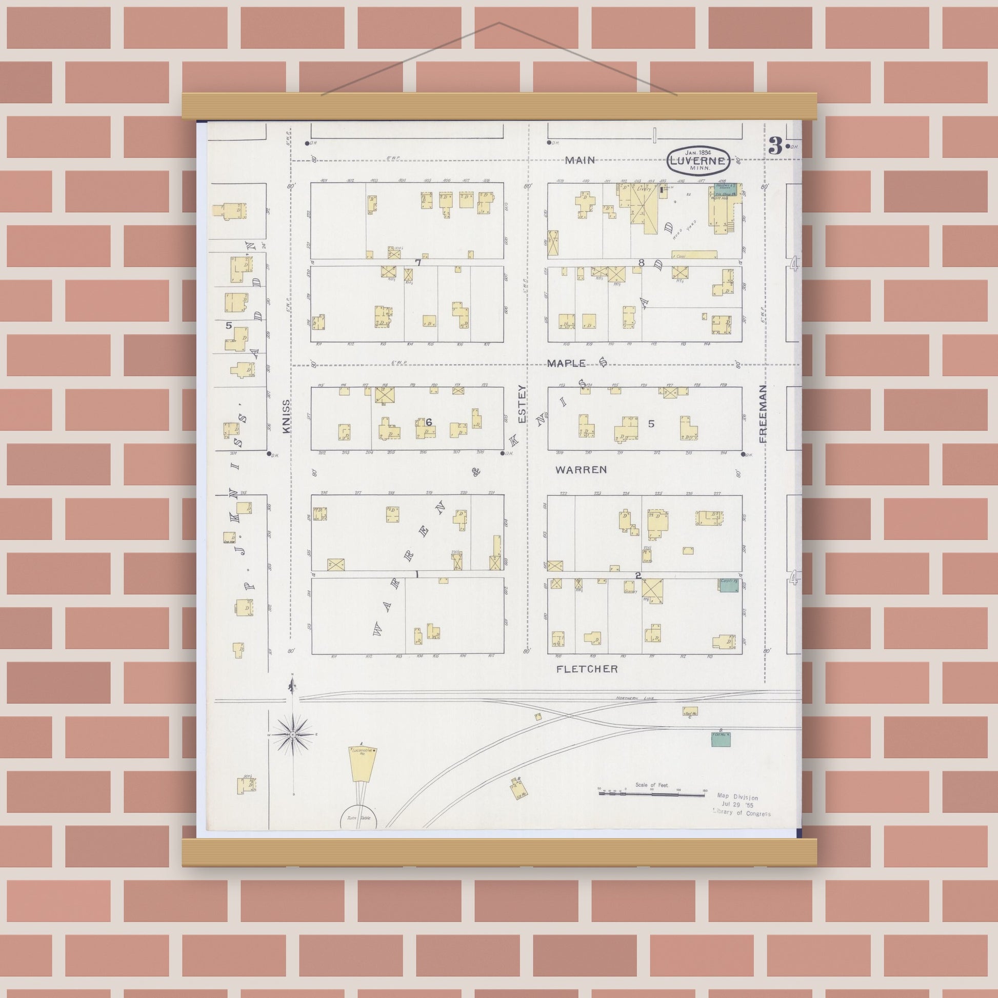 Old map wall art mockup — magnetic wood frame on brick wall — Sanborn Fire Insurance Map from Luverne, Rock County, Minnesota (1894), Sheet #0003
