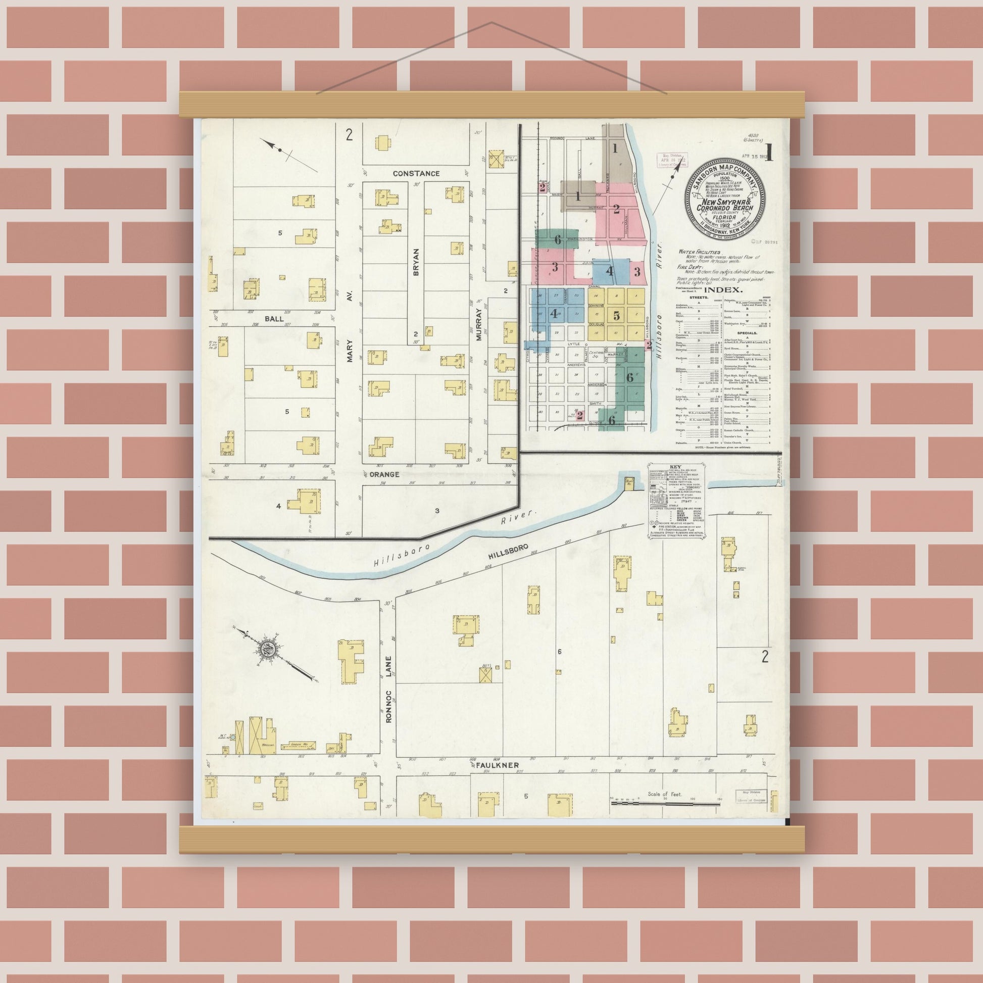Old map wall art mockup — magnetic wood frame on brick wall — Sanborn Fire Insurance Map from New Smyrna, Valusia County, Florida (1912), Sheet #0001