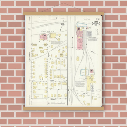 Old map wall art mockup — magnetic wood frame on brick wall — Sanborn Fire Insurance Map from Greenville, Hunt County, Texas (1914), Sheet #0012
