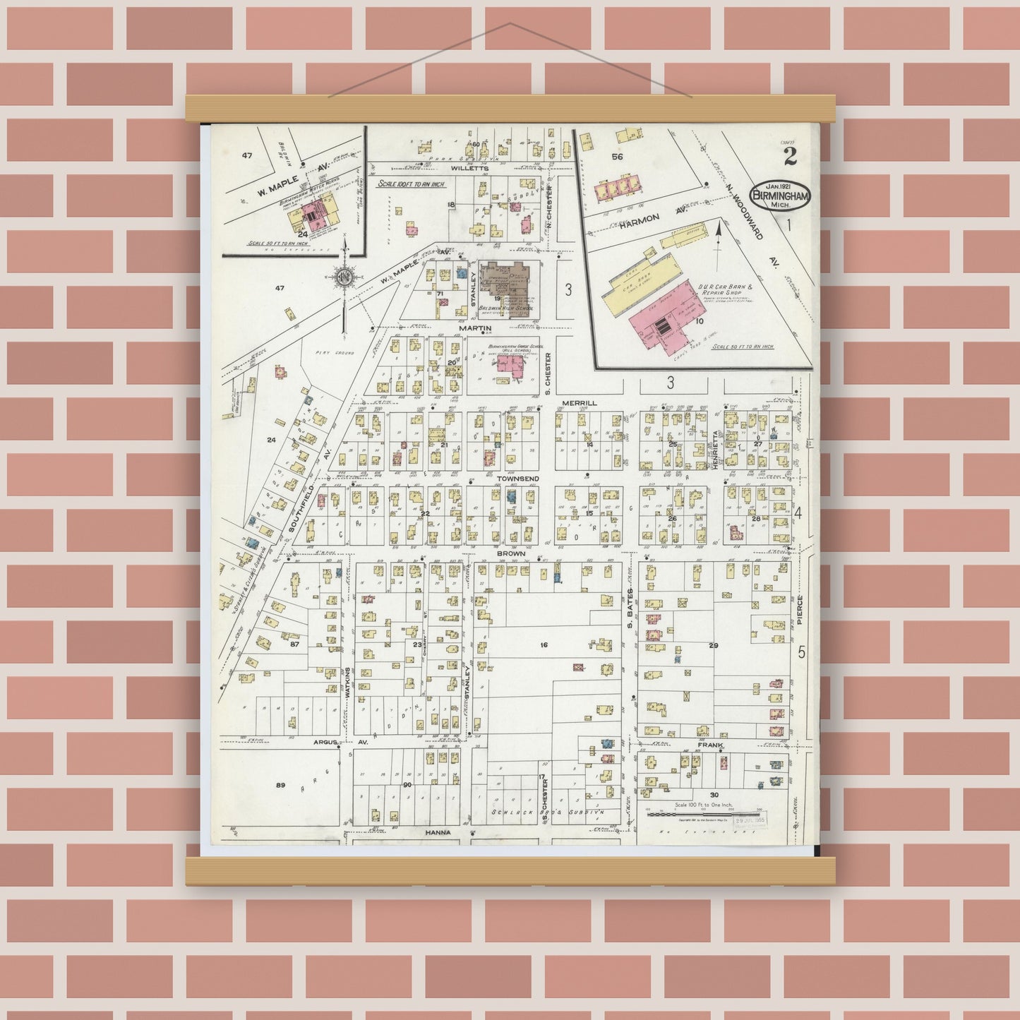 Old map wall art mockup — magnetic wood frame on brick wall — Sanborn Fire Insurance Map from Birmingham, Oakland County, Michigan (1921), Sheet #0002