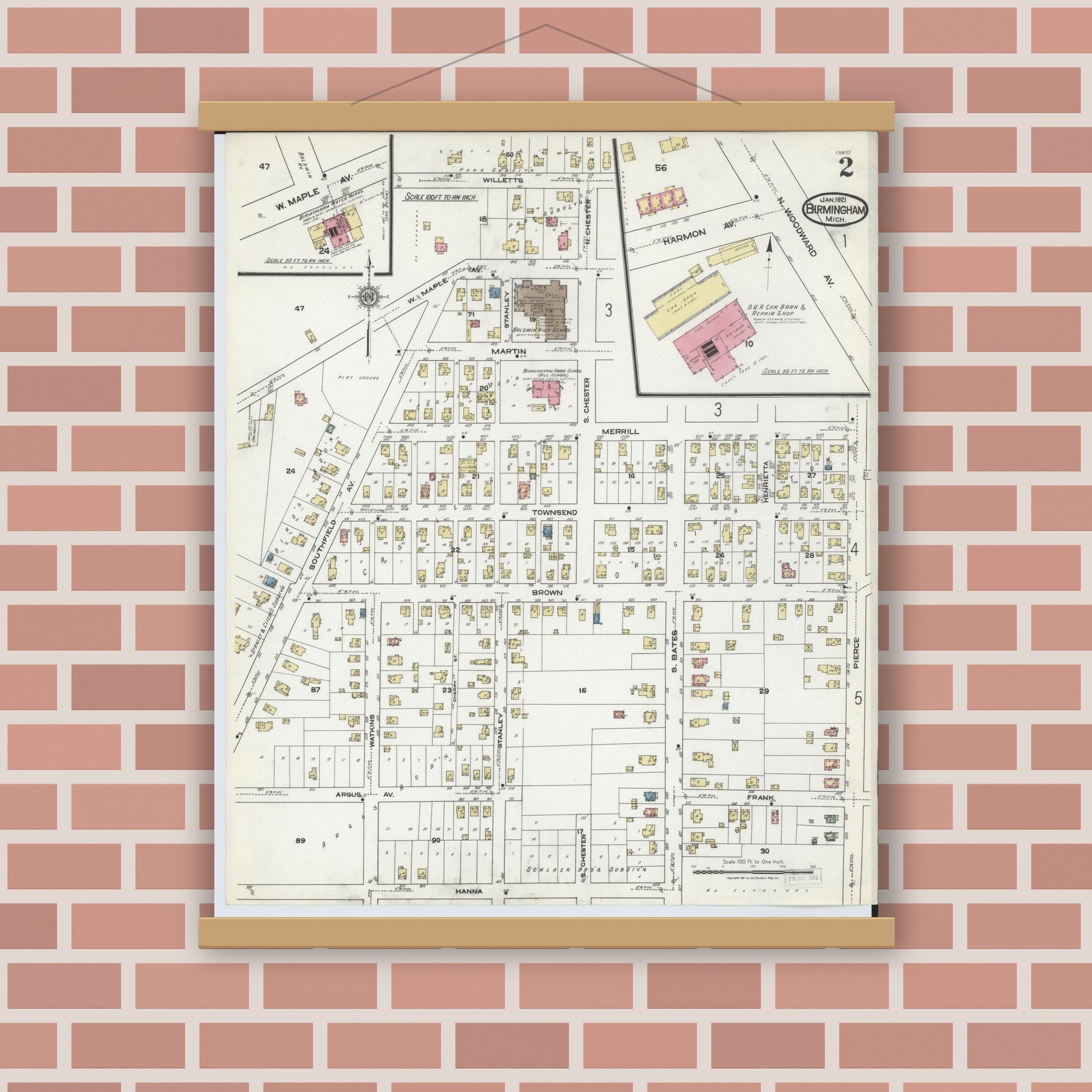 Old map wall art mockup — magnetic wood frame on brick wall — Sanborn Fire Insurance Map from Birmingham, Oakland County, Michigan (1921), Sheet #0002
