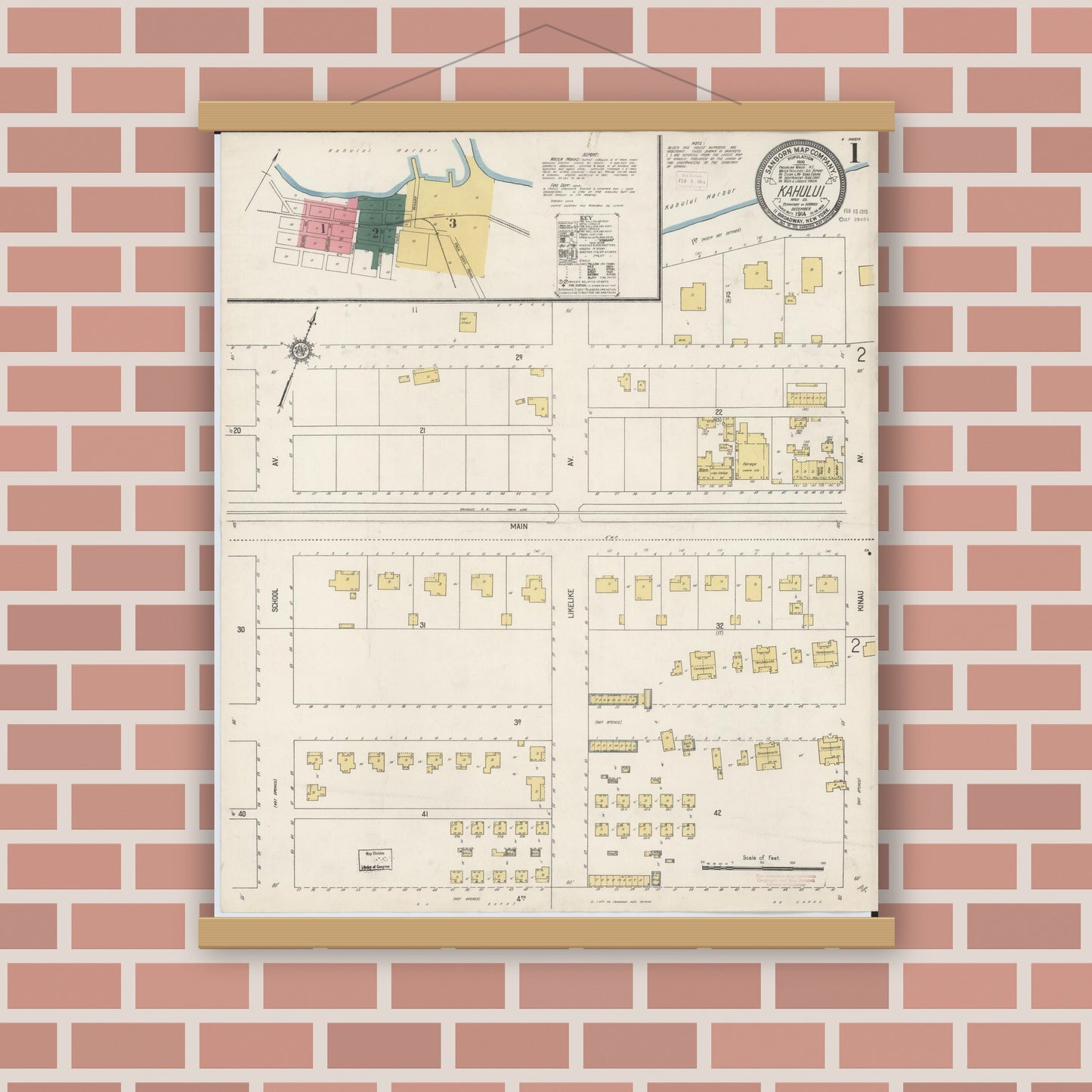 Old map wall art mockup — magnetic wood frame on brick wall — Sanborn Fire Insurance Map from Kahului, Maui County, Hawaii (1914) - Complete Map Set
