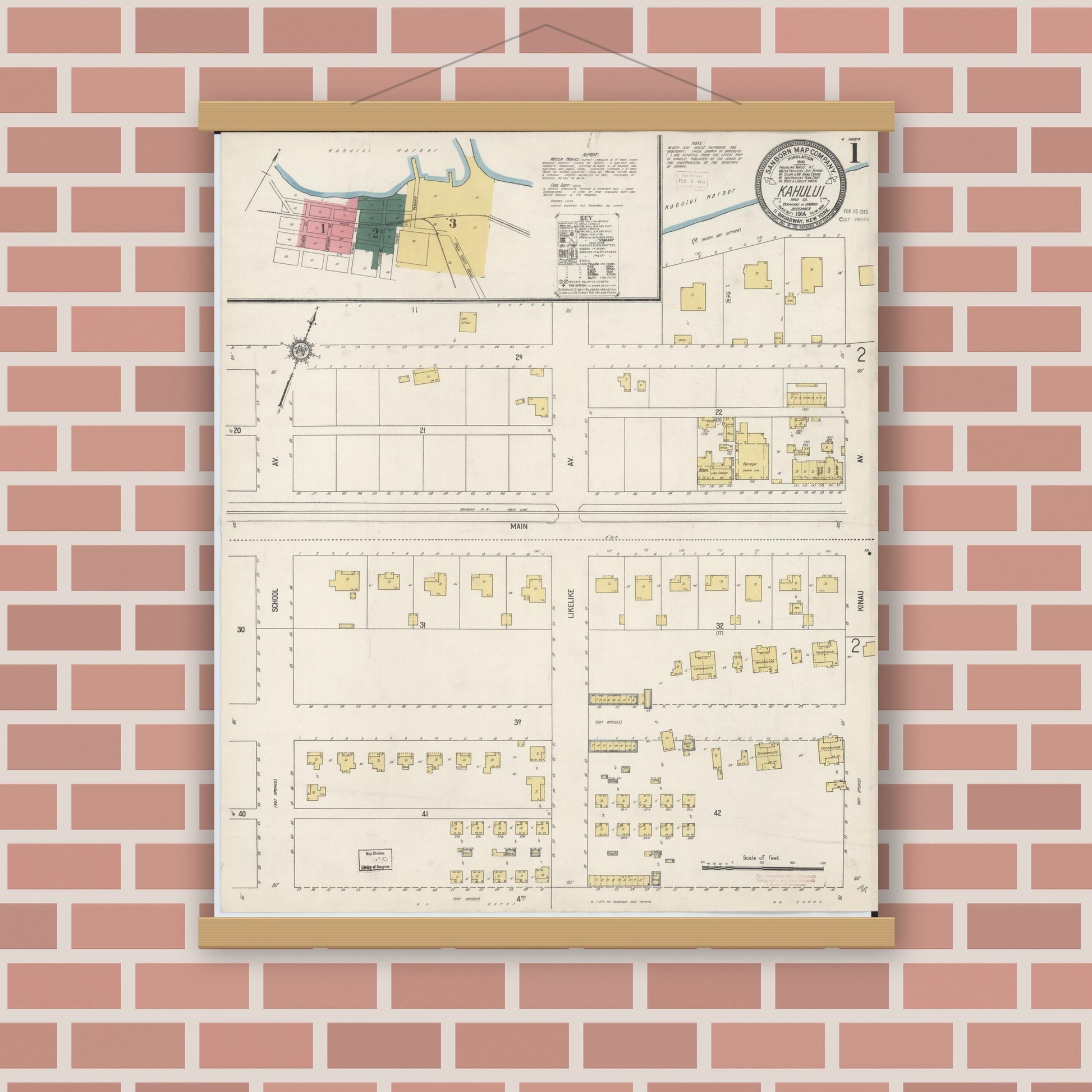 Old map wall art mockup — magnetic wood frame on brick wall — Sanborn Fire Insurance Map from Kahului, Maui County, Hawaii (1914) - Complete Map Set