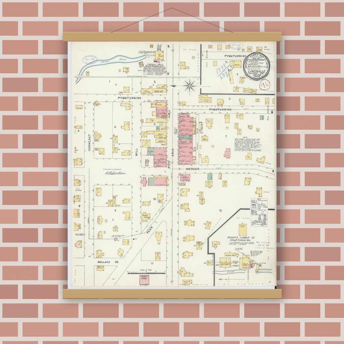 Old map wall art mockup — magnetic wood frame on brick wall — Sanborn Fire Insurance Map from Linesville, Crawford County, Pennsylvania (1898), Sheet #0001