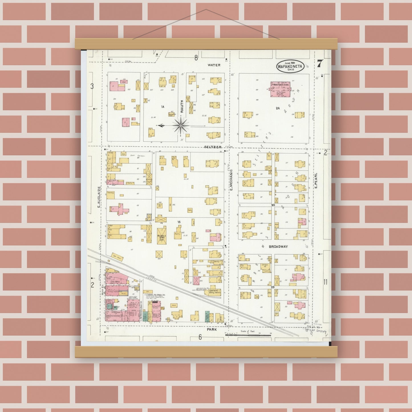 Old map wall art mockup — magnetic wood frame on brick wall — Sanborn Fire Insurance Map from Wapakoneta, Auglaize County, Ohio (1904), Sheet #0007