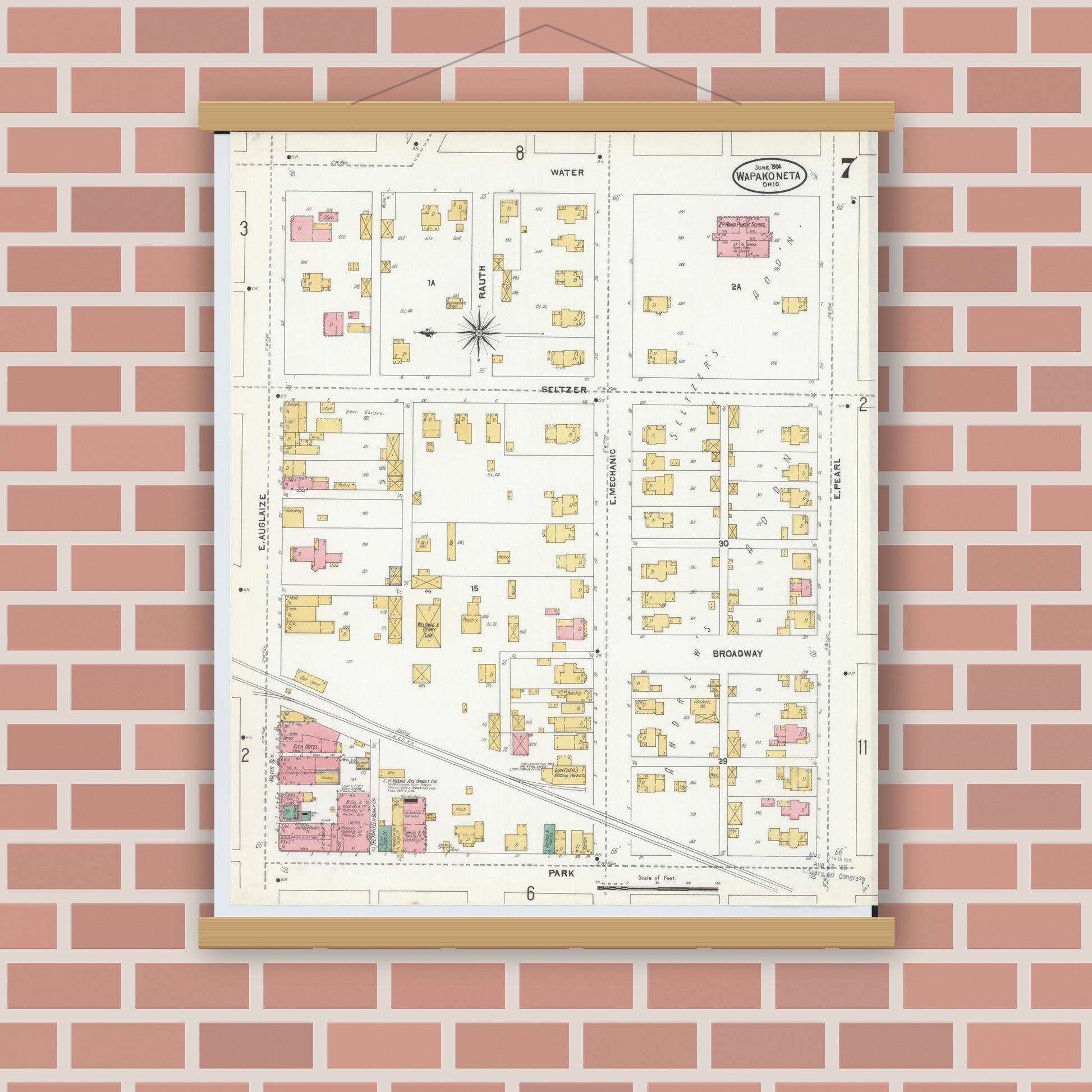 Old map wall art mockup — magnetic wood frame on brick wall — Sanborn Fire Insurance Map from Wapakoneta, Auglaize County, Ohio (1904), Sheet #0007