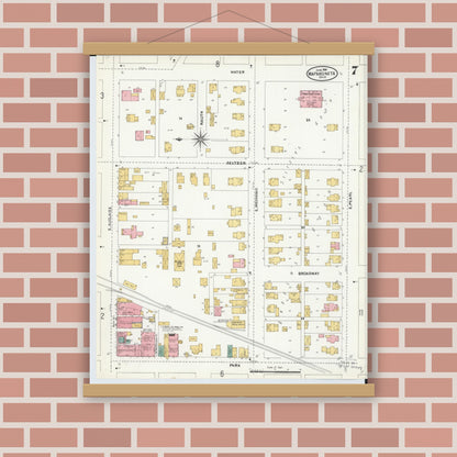 Old map wall art mockup — magnetic wood frame on brick wall — Sanborn Fire Insurance Map from Wapakoneta, Auglaize County, Ohio (1904), Sheet #0007