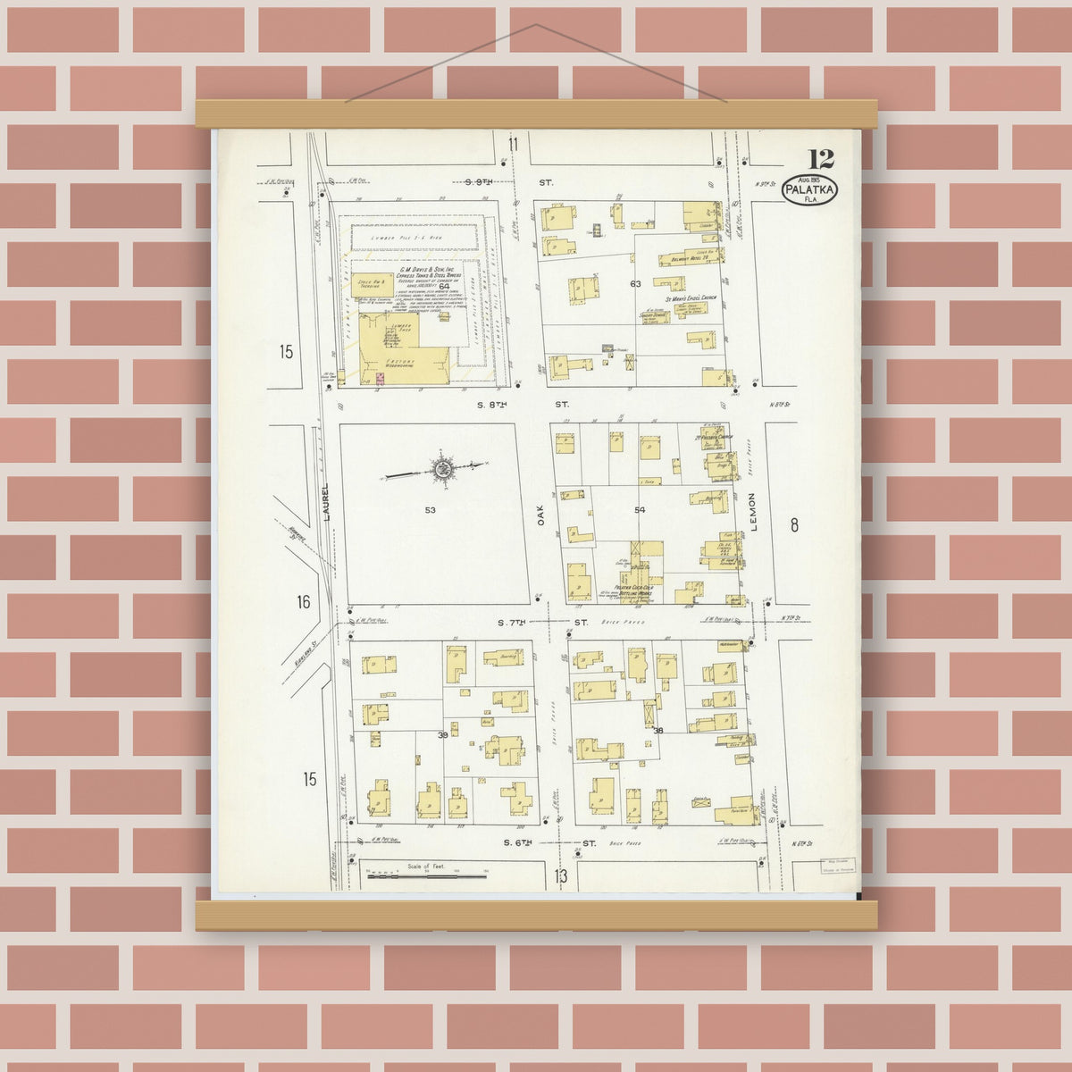 Old map wall art mockup — magnetic wood frame on brick wall — Sanborn Fire Insurance Map from Palatka, Putnam County, Florida (1915), Sheet #0012