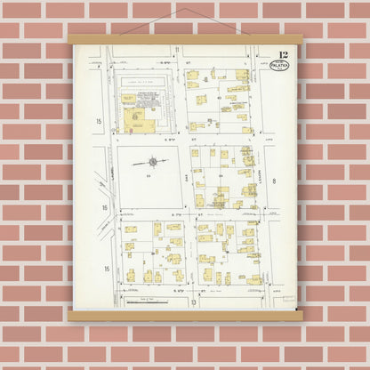 Old map wall art mockup — magnetic wood frame on brick wall — Sanborn Fire Insurance Map from Palatka, Putnam County, Florida (1915), Sheet #0012