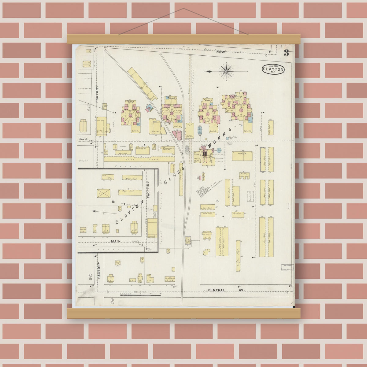 Old map wall art mockup — magnetic wood frame on brick wall — Sanborn Fire Insurance Map from Clayton, Gloucester County, New Jersey (1895), Sheet #0003