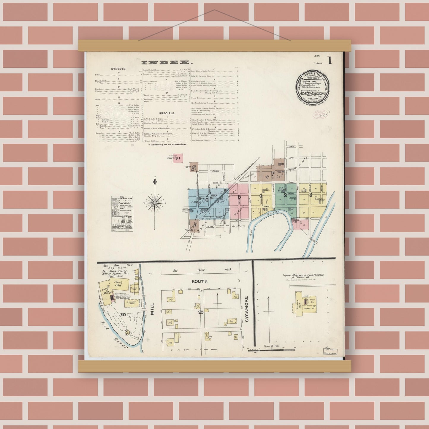 Old map wall art mockup — magnetic wood frame on brick wall — Sanborn Fire Insurance Map from North Manchester, Wabash County, Indiana (1890) - Complete Map Set