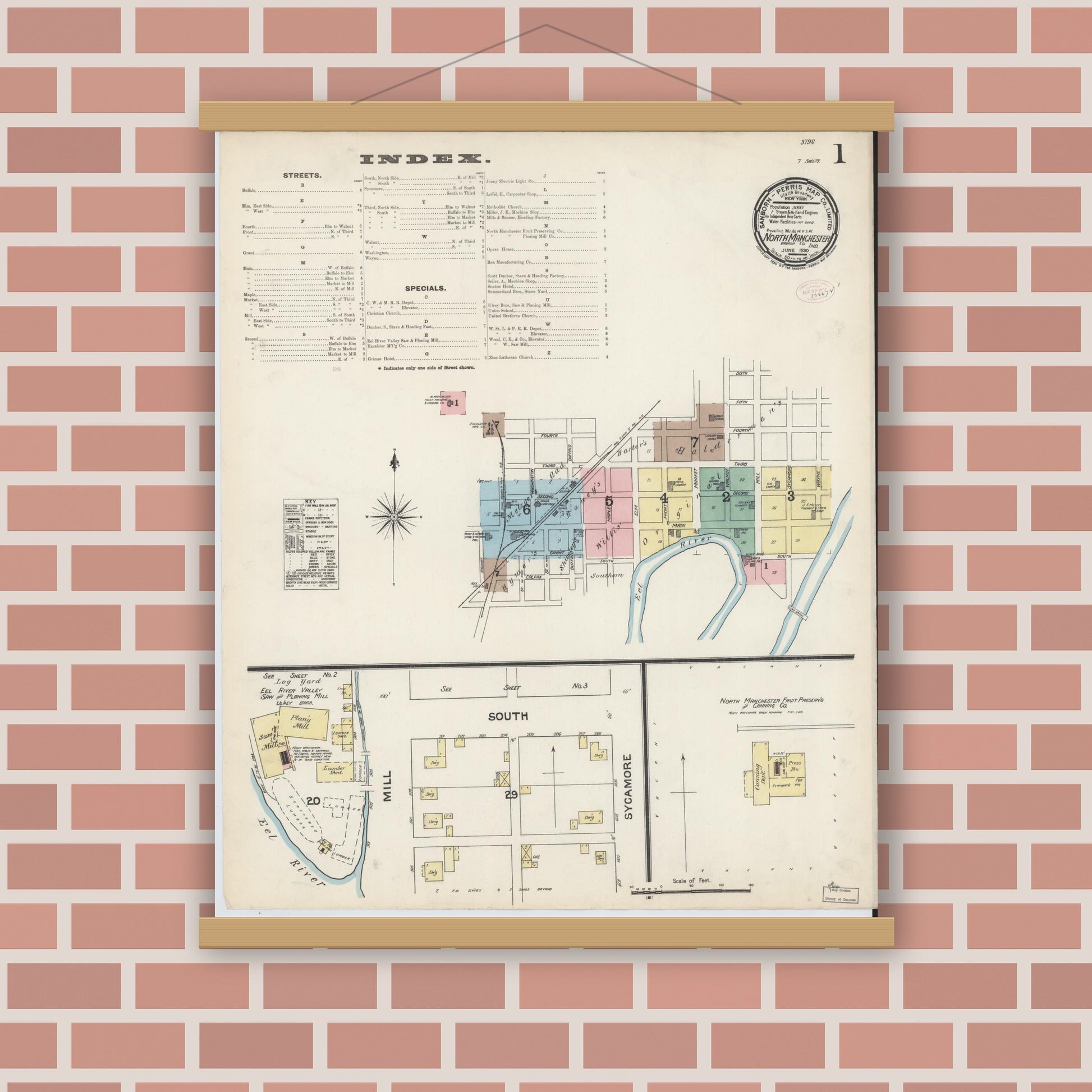 Old map wall art mockup — magnetic wood frame on brick wall — Sanborn Fire Insurance Map from North Manchester, Wabash County, Indiana (1890) - Complete Map Set
