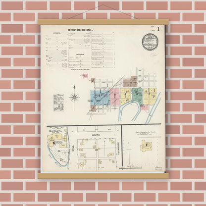 Old map wall art mockup — magnetic wood frame on brick wall — Sanborn Fire Insurance Map from North Manchester, Wabash County, Indiana (1890) - Complete Map Set