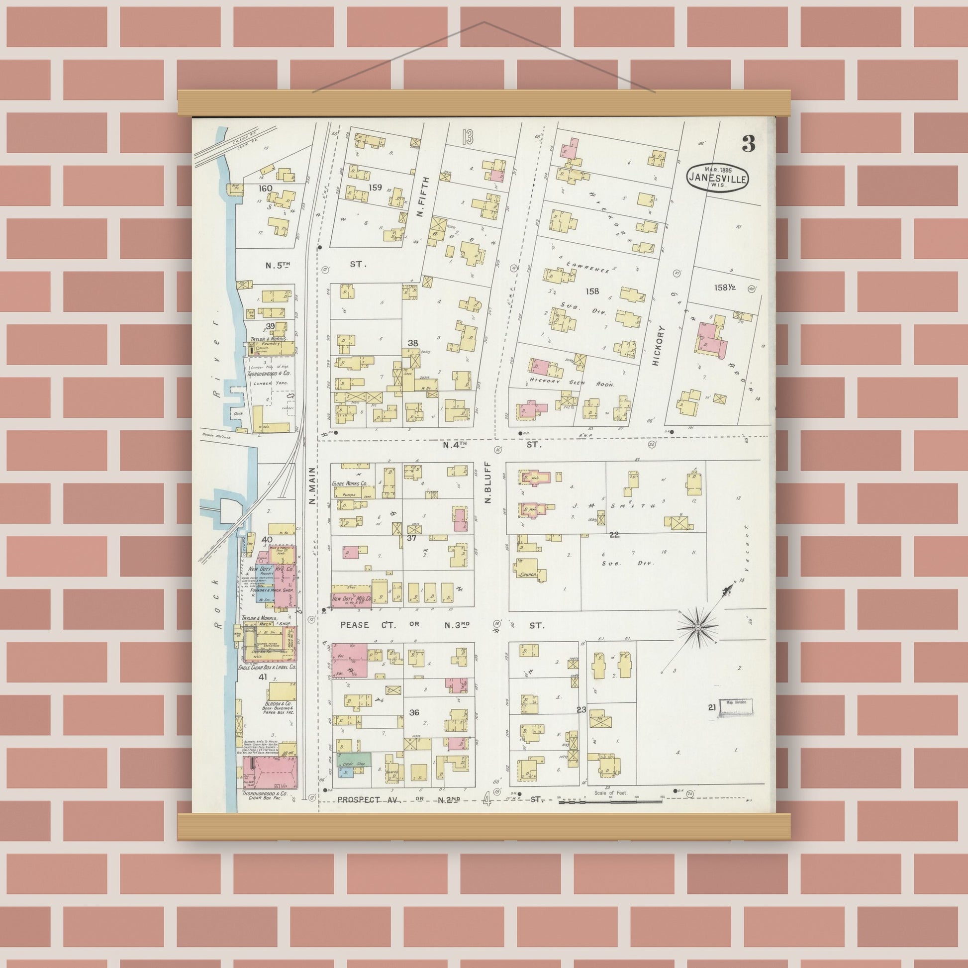 Old map wall art mockup — magnetic wood frame on brick wall — Sanborn Fire Insurance Map from Janesville, Rock County, Wisconsin (1895), Sheet #0003