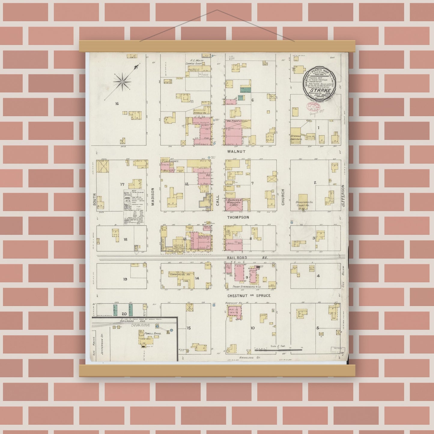 Old map wall art mockup — magnetic wood frame on brick wall — Sanborn Fire Insurance Map from Starke, Bradford County, Florida (1895), Sheet #0001