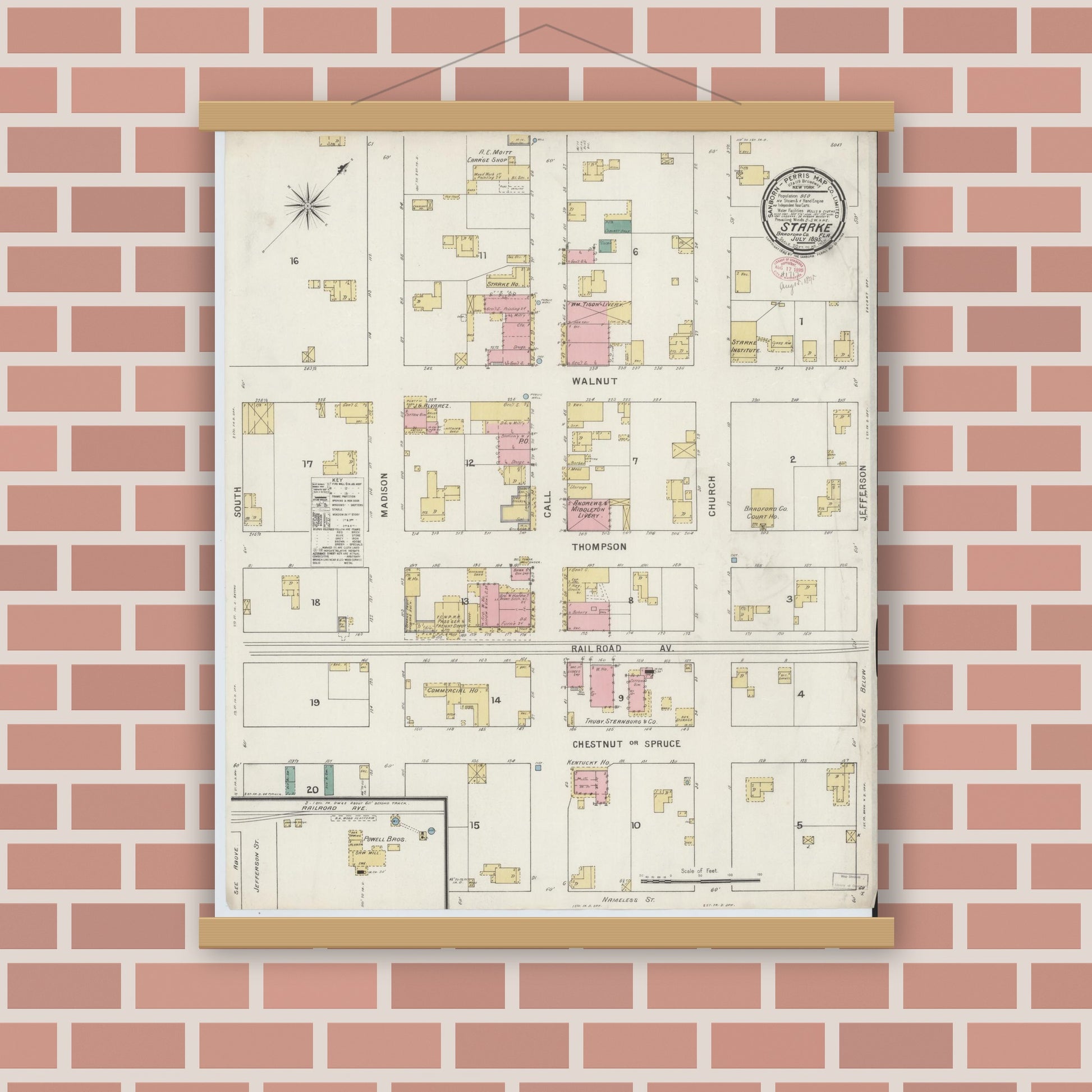Old map wall art mockup — magnetic wood frame on brick wall — Sanborn Fire Insurance Map from Starke, Bradford County, Florida (1895), Sheet #0001