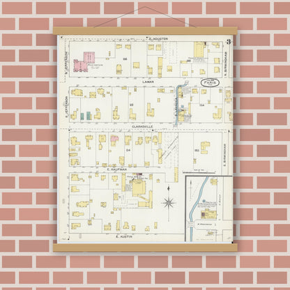 Old map wall art mockup — magnetic wood frame on brick wall — Sanborn Fire Insurance Map from Paris, Lamar County, Texas (1892), Sheet #0003