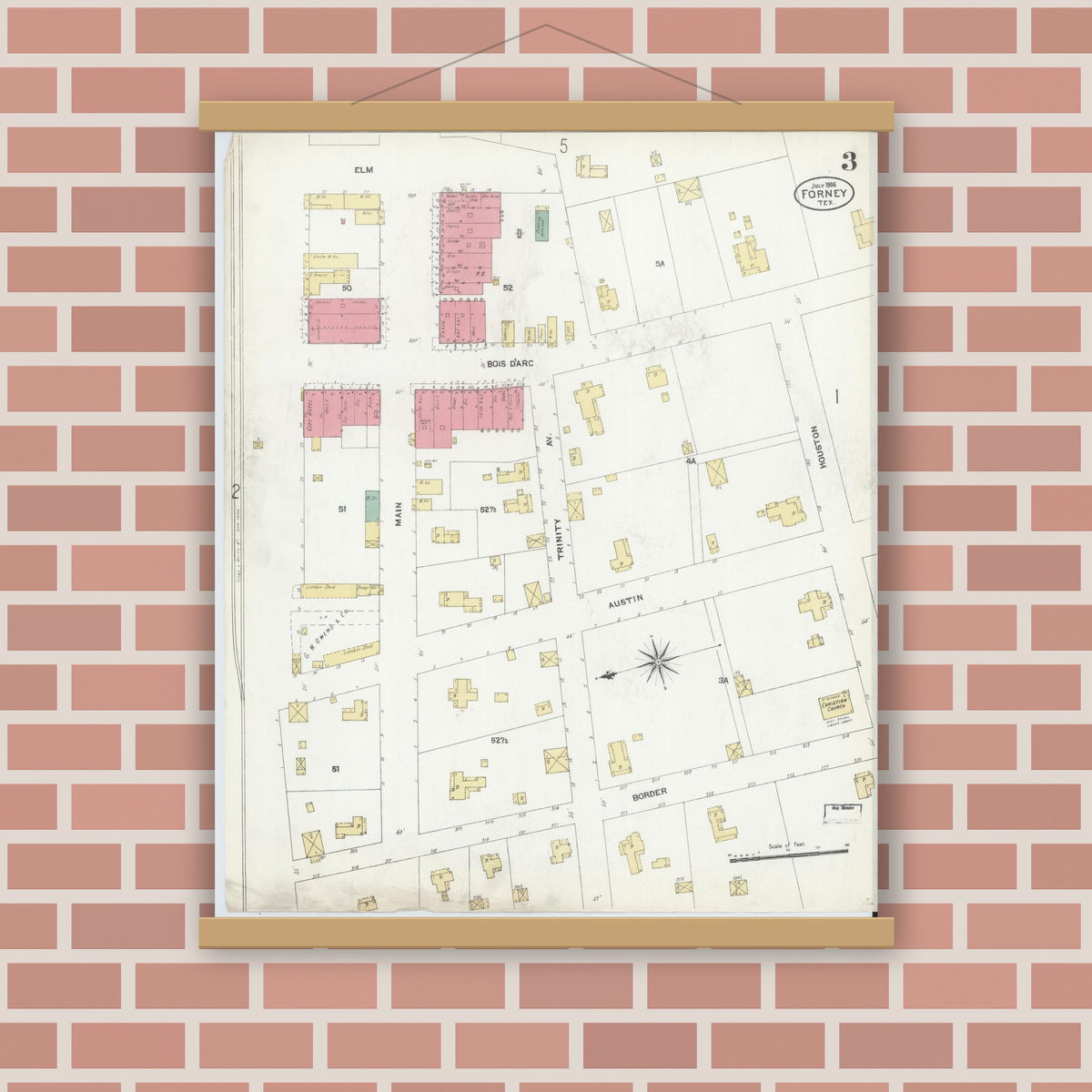 Old map wall art mockup — magnetic wood frame on brick wall — Sanborn Fire Insurance Map from Forney, Kaufman County, Texas (1906), Sheet #0003