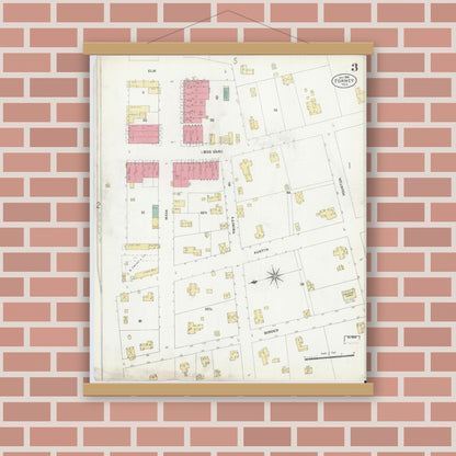 Old map wall art mockup — magnetic wood frame on brick wall — Sanborn Fire Insurance Map from Forney, Kaufman County, Texas (1906), Sheet #0003