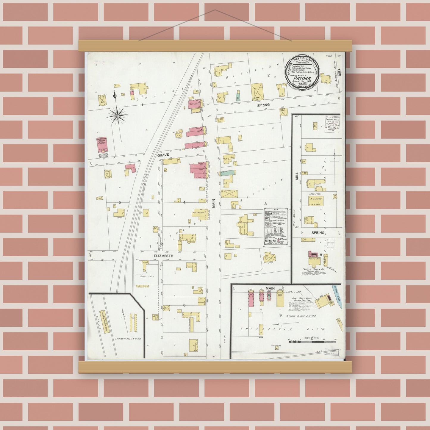 Old map wall art mockup — magnetic wood frame on brick wall — Sanborn Fire Insurance Map from Patoka, Gibson County, Indiana (1900), Sheet #0001