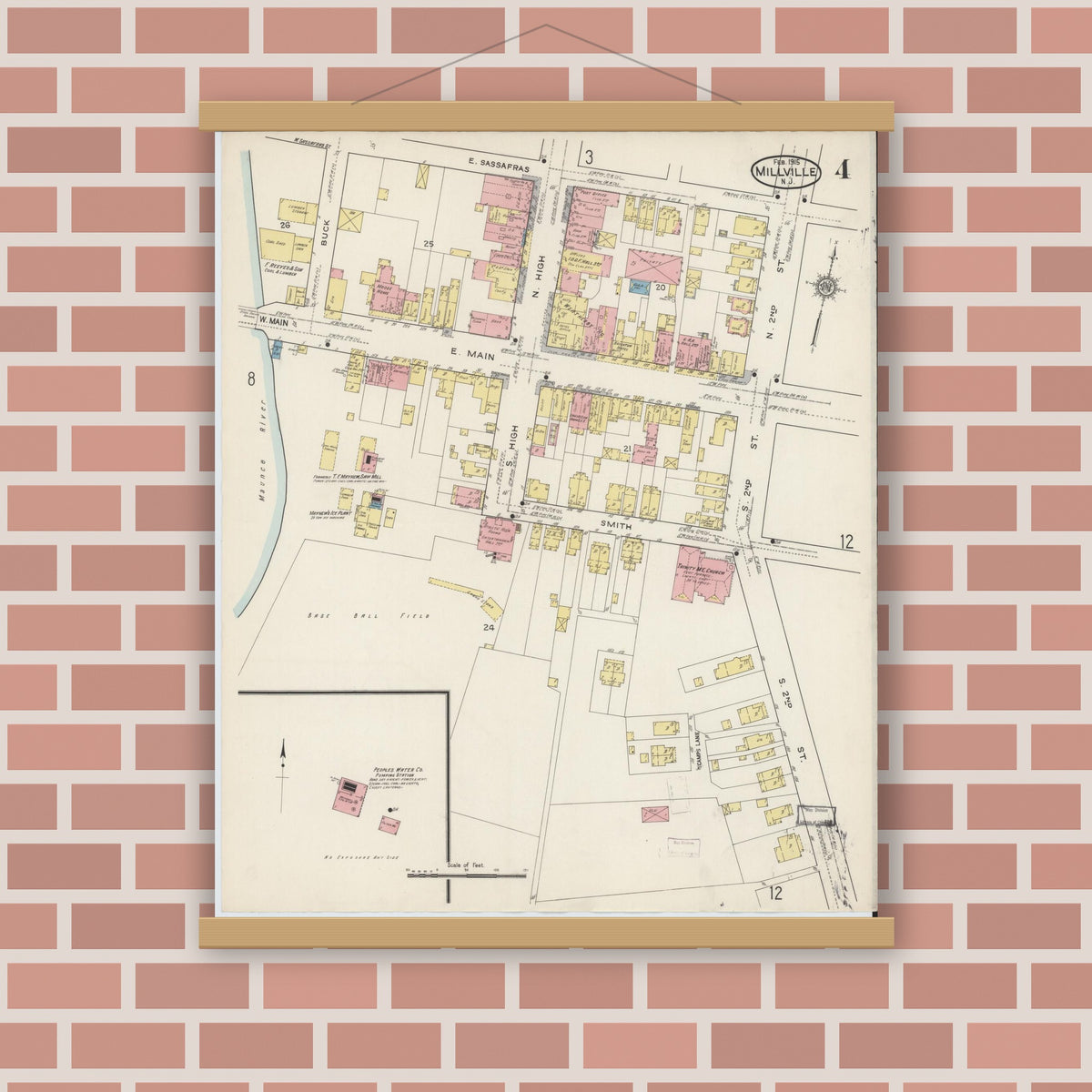 Old map wall art mockup — magnetic wood frame on brick wall — Sanborn Fire Insurance Map from Millville, Cumberland County, New Jersey (1915), Sheet #0004
