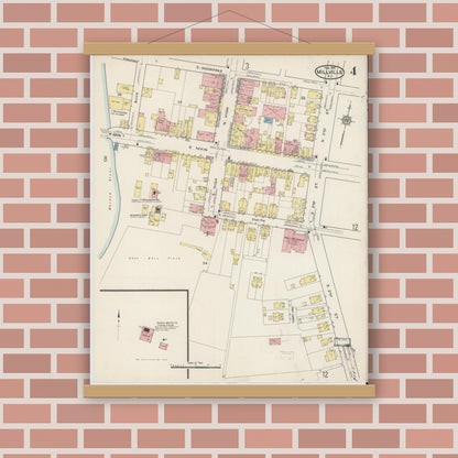 Old map wall art mockup — magnetic wood frame on brick wall — Sanborn Fire Insurance Map from Millville, Cumberland County, New Jersey (1915), Sheet #0004