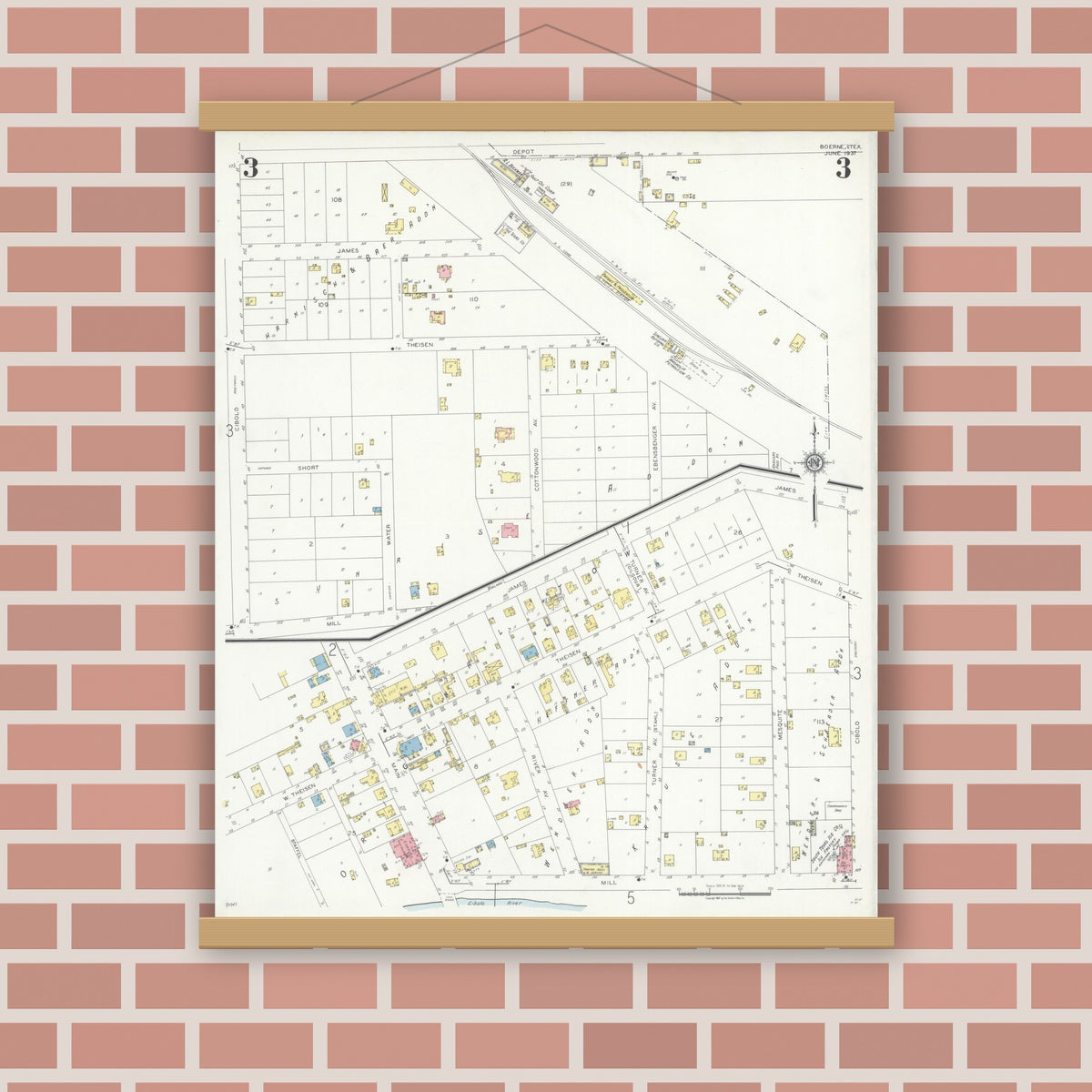 Old map wall art mockup — magnetic wood frame on brick wall — Sanborn Fire Insurance Map from Boerne, Kendall County, Texas (1937), Sheet #0003