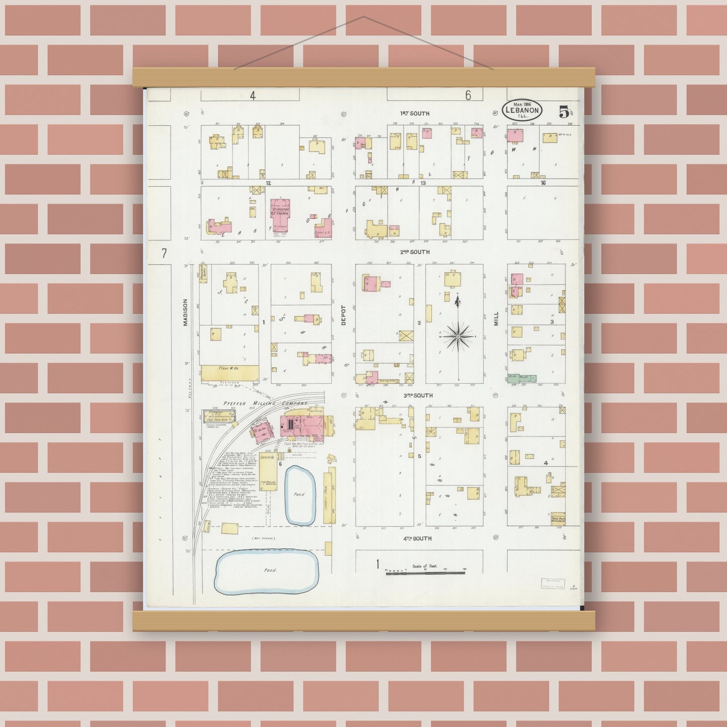 Old map wall art mockup — magnetic wood frame on brick wall — Sanborn Fire Insurance Map from Lebanon, Saint Clair County, Illinois (1906), Sheet #0005