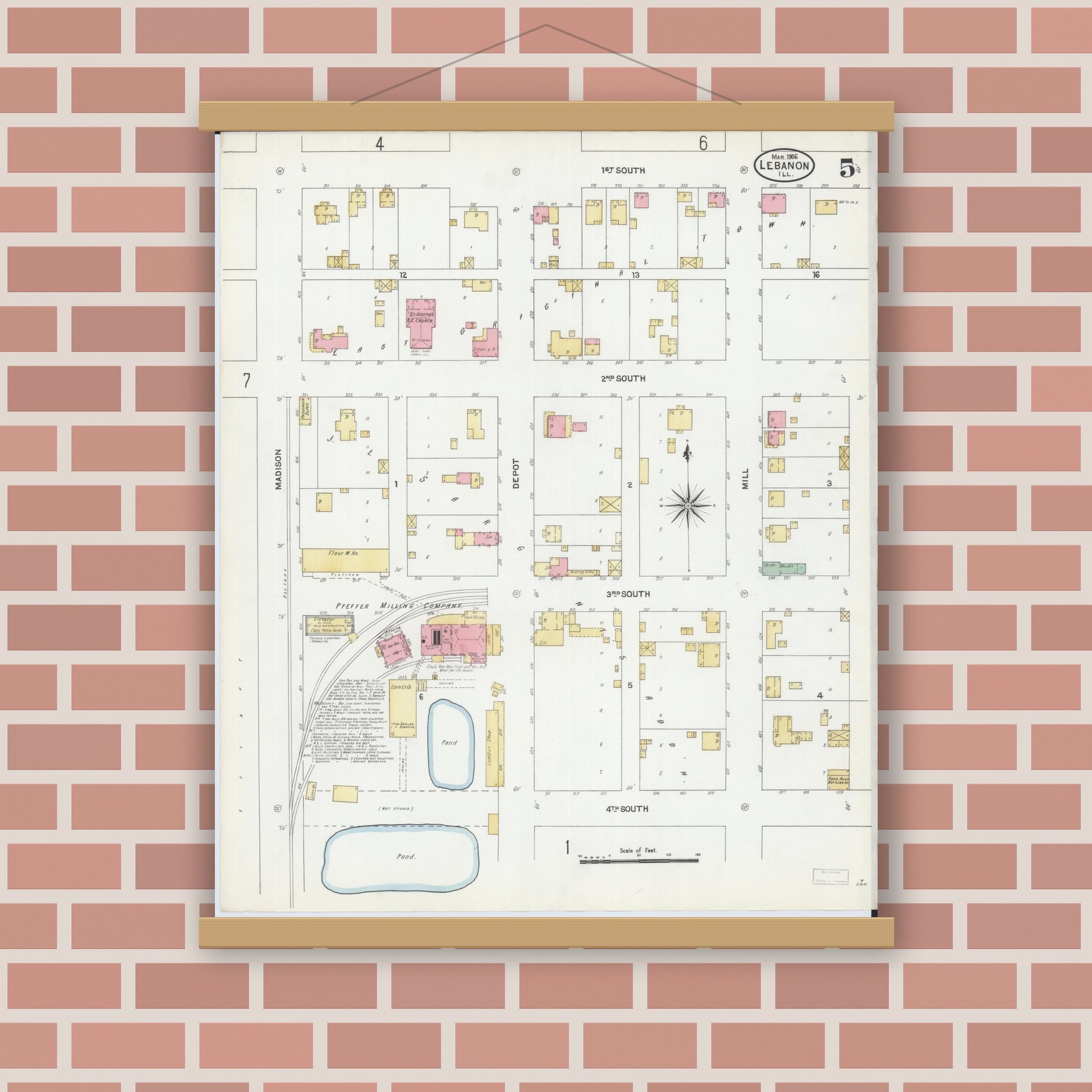 Old map wall art mockup — magnetic wood frame on brick wall — Sanborn Fire Insurance Map from Lebanon, Saint Clair County, Illinois (1906), Sheet #0005