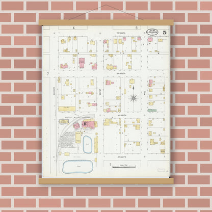 Old map wall art mockup — magnetic wood frame on brick wall — Sanborn Fire Insurance Map from Lebanon, Saint Clair County, Illinois (1906), Sheet #0005