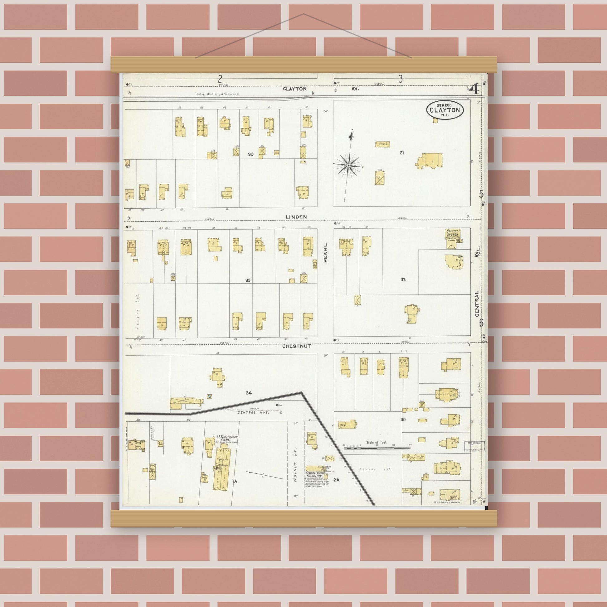 Old map wall art mockup — magnetic wood frame on brick wall — Sanborn Fire Insurance Map from Clayton, Gloucester County, New Jersey (1905), Sheet #0004