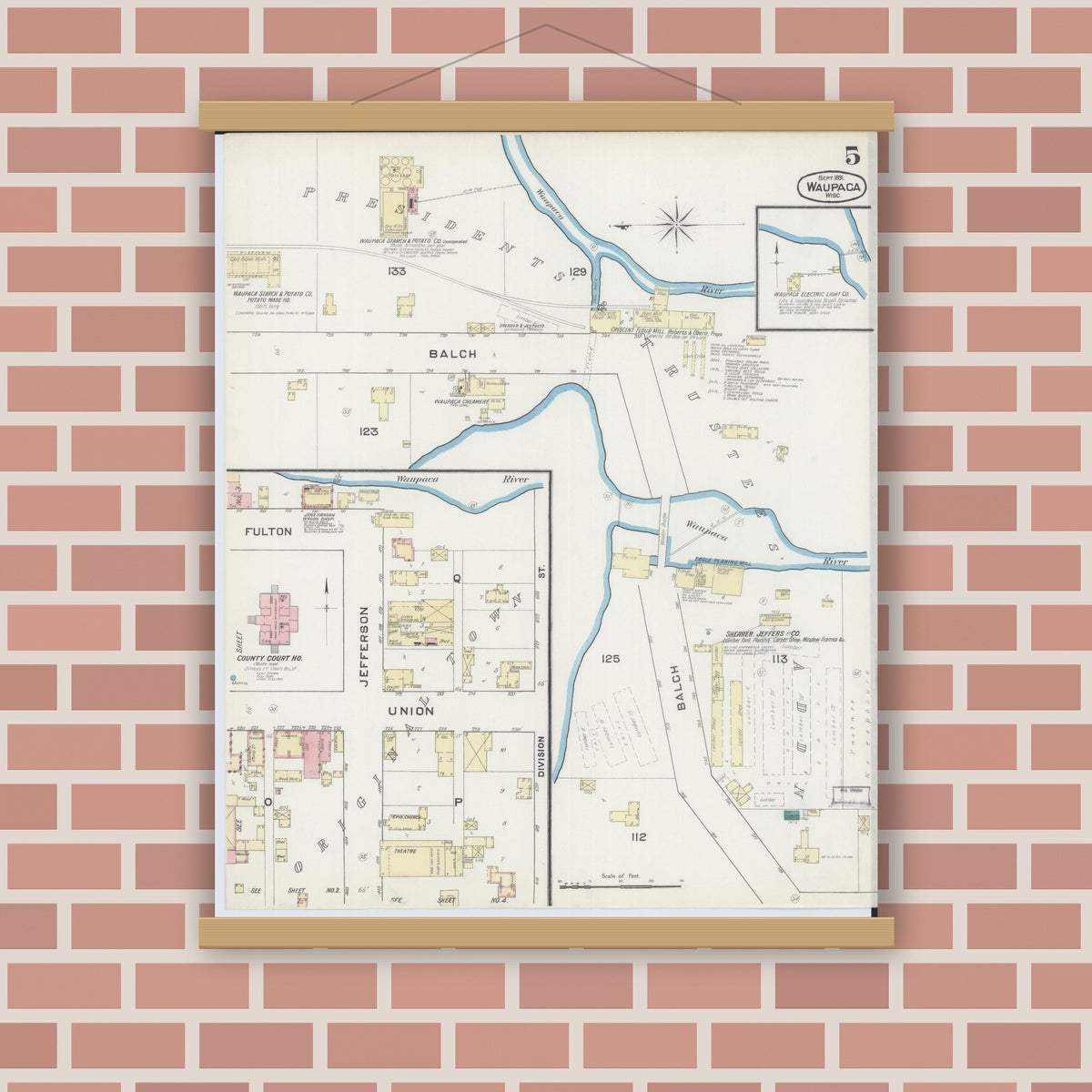 Old map wall art mockup — magnetic wood frame on brick wall — Sanborn Fire Insurance Map from Waupaca, Waupaca County, Wisconsin (1891), Sheet #0005